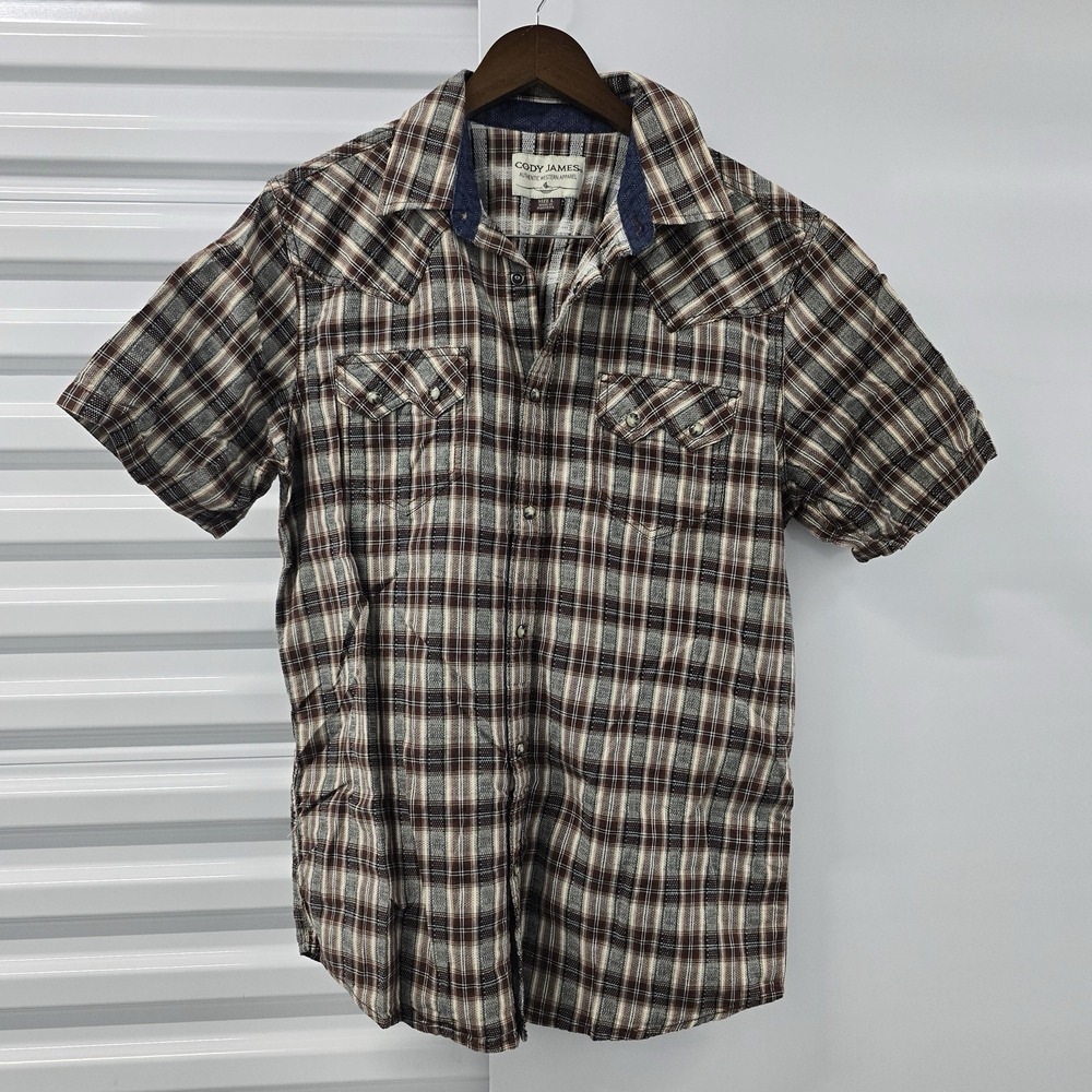 Cody James Mens Large Plaid Pearl Snap Western Shirt Brown Short Sleeve
